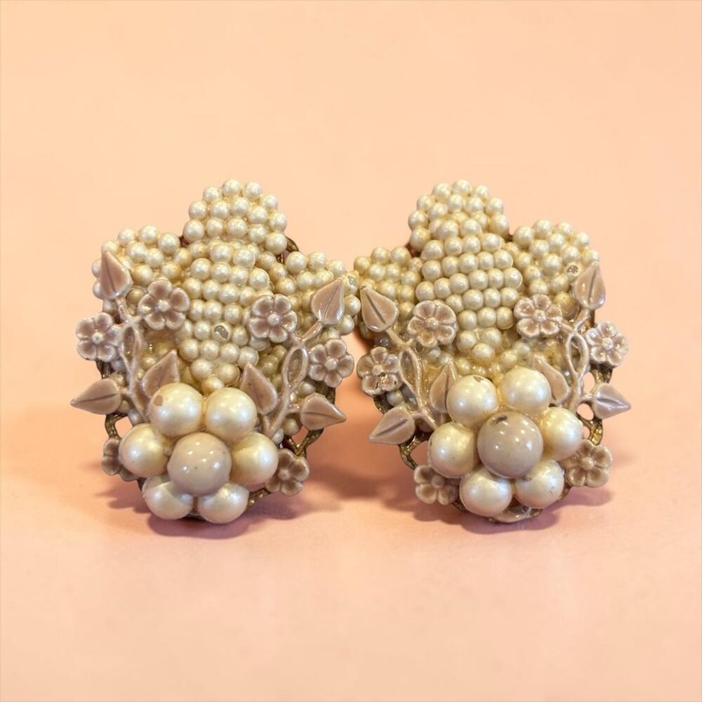 Celluloid Floral Cluster Earrings Faux Pearl Beaded 40s 50s Vintage Clip-On